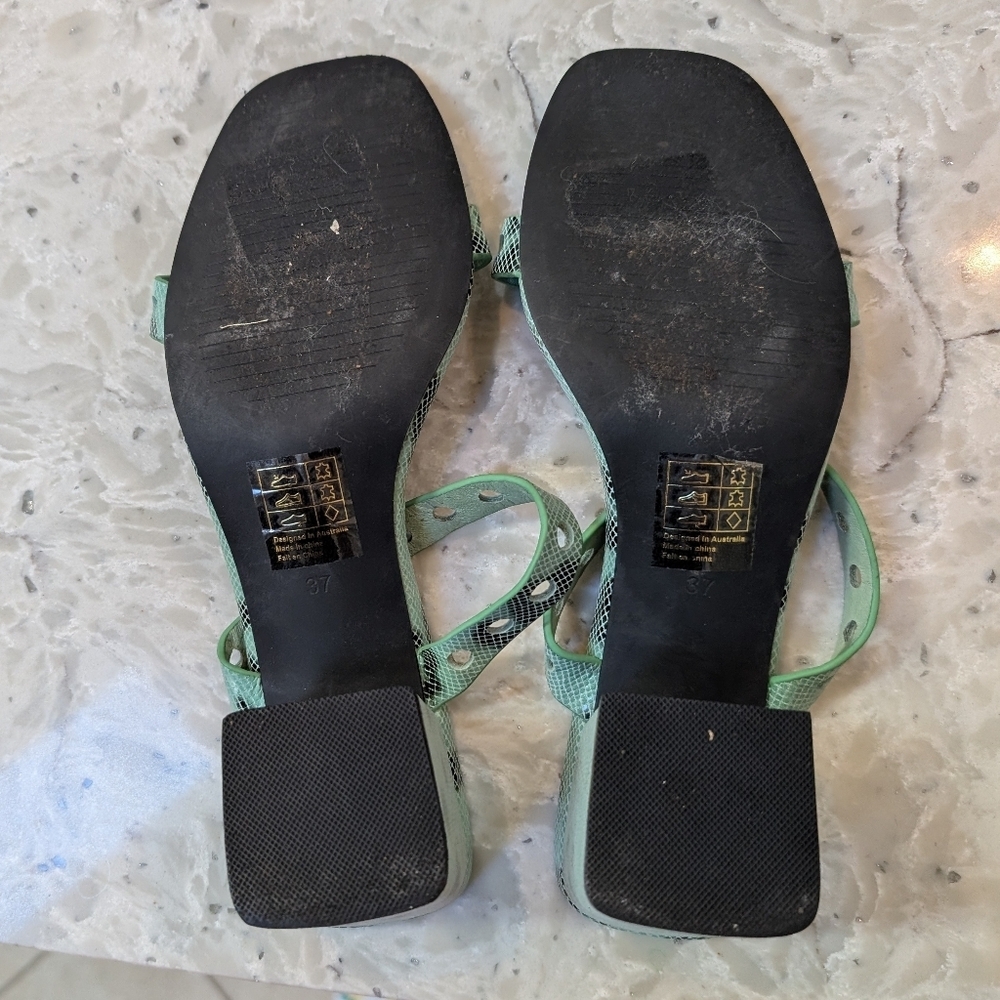 Caverley Slip-On Mule Sandal Green Leather Slide Double Straps Block Heel 37 7 - Picture 5 of 6